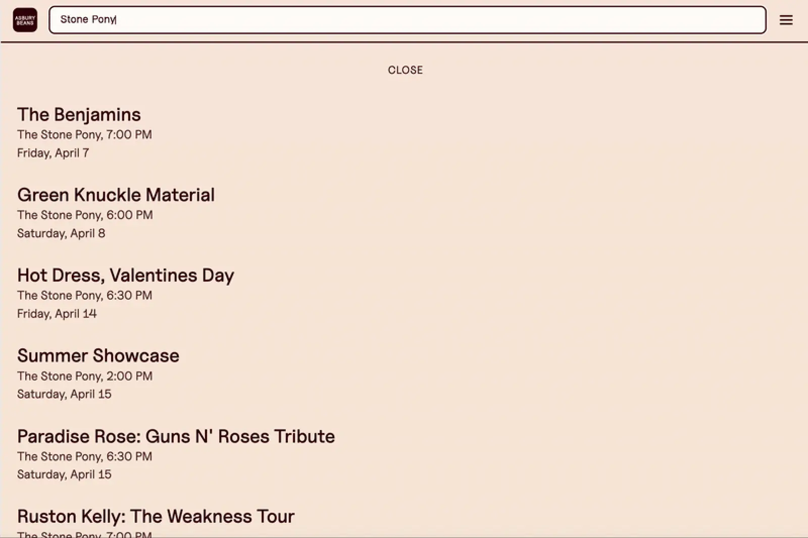 Search functionality filtering by venue