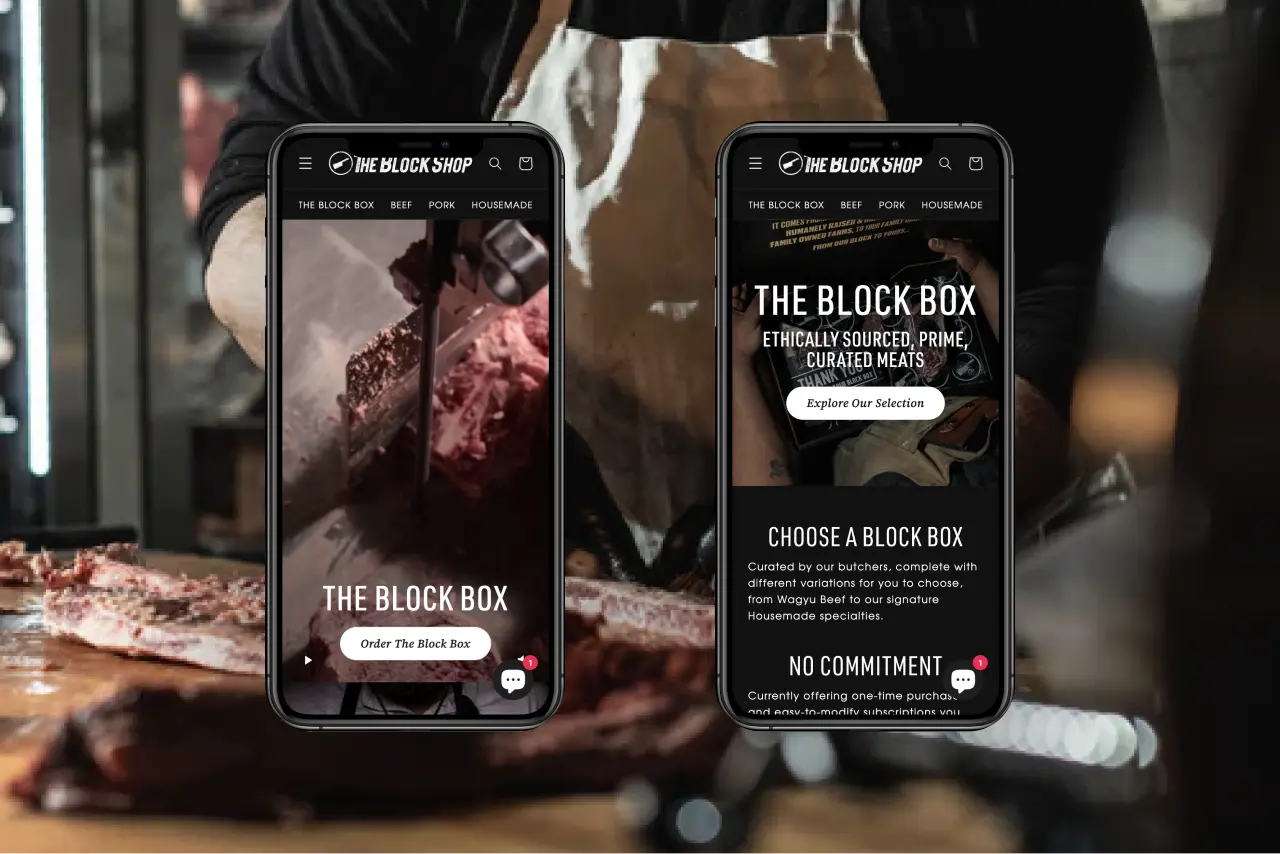 Two phones showing Block Box subscription landing pages