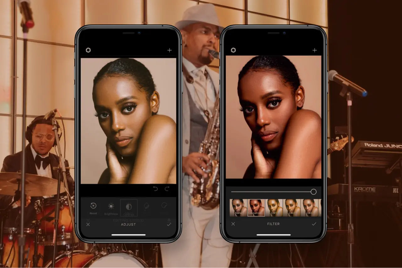 Two phones showing adjust and filter tools with jazz band background