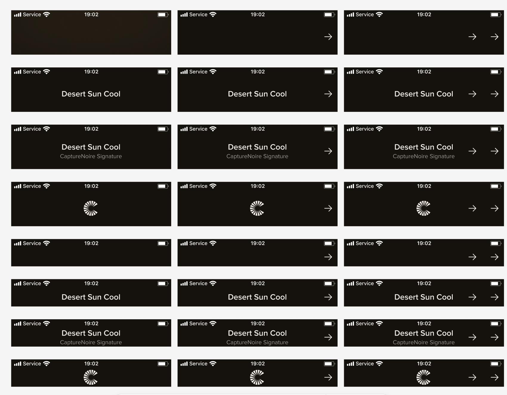 Grid of loading state screens with spinners and skeleton UI