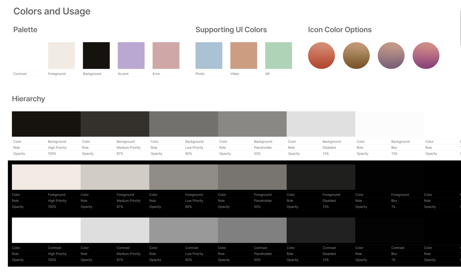 Design system showing color palette, UI colors, and text hierarchy