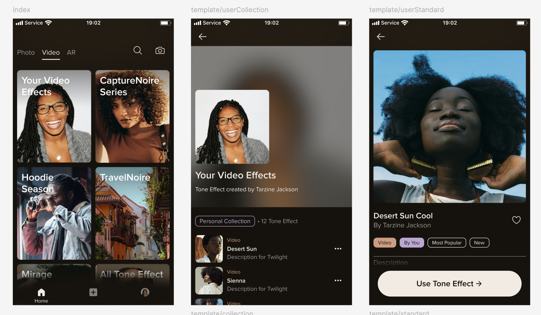 App screens showing filter homepage, user collection, and filter detail