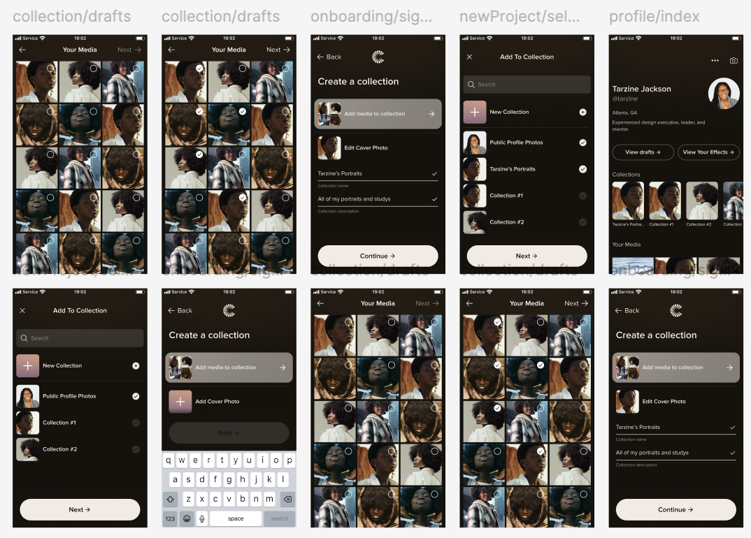 App screens showing photo collections, drafts, and profile pages