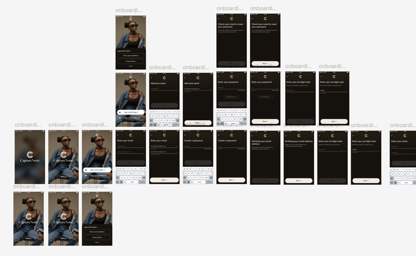 Mobile screens showing sign up, login, and verification flows