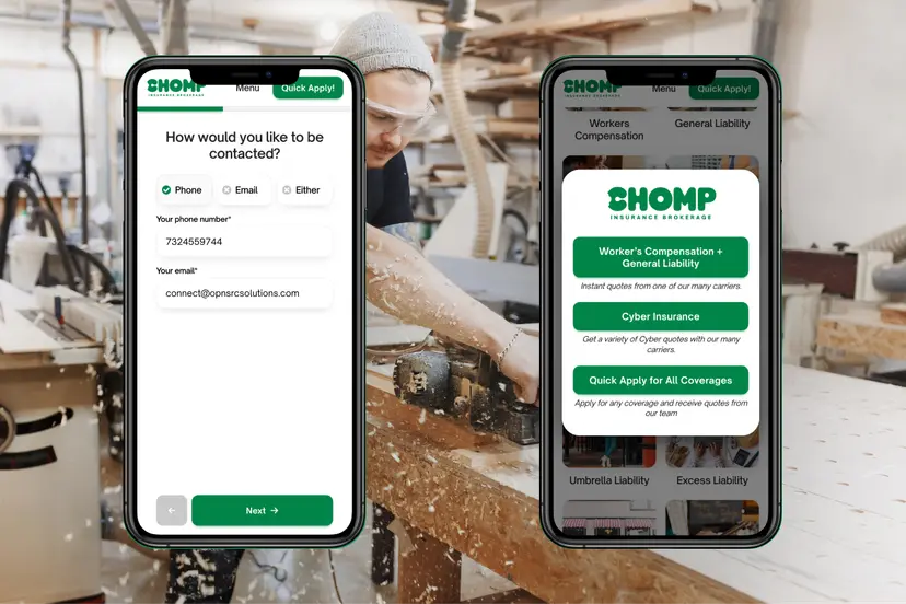 Two mobile views of the Chomp quoting form and coverage selection screens