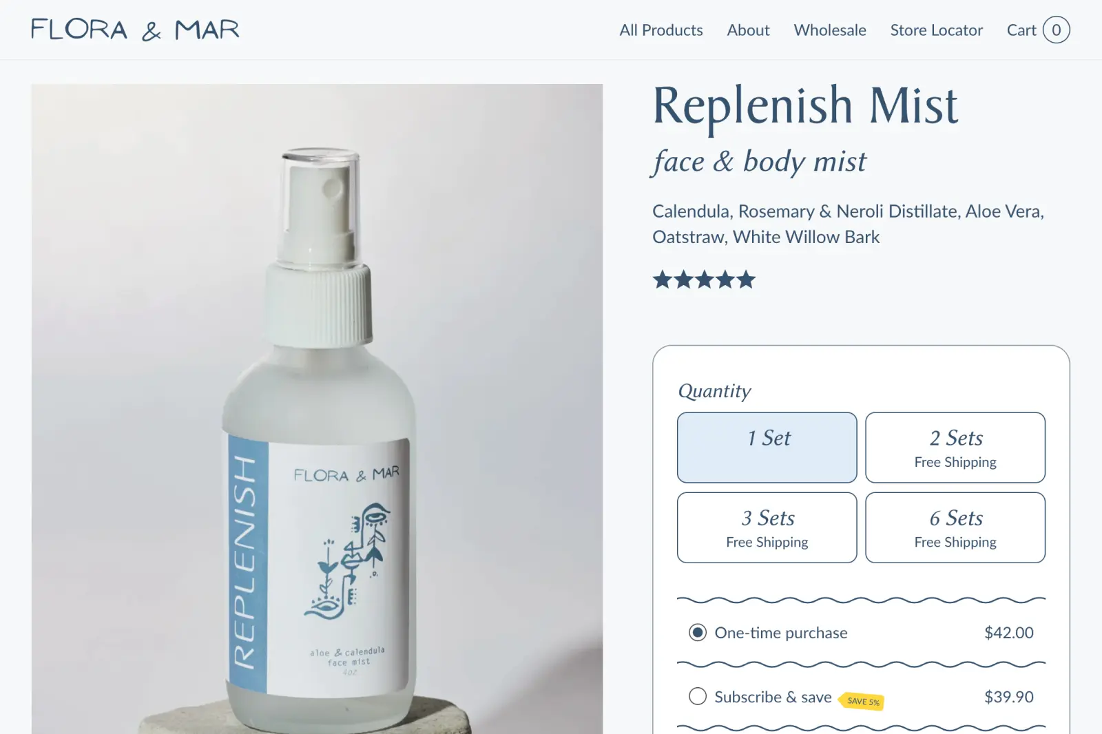 Replenish Mist product page with ingredient list and subscription options