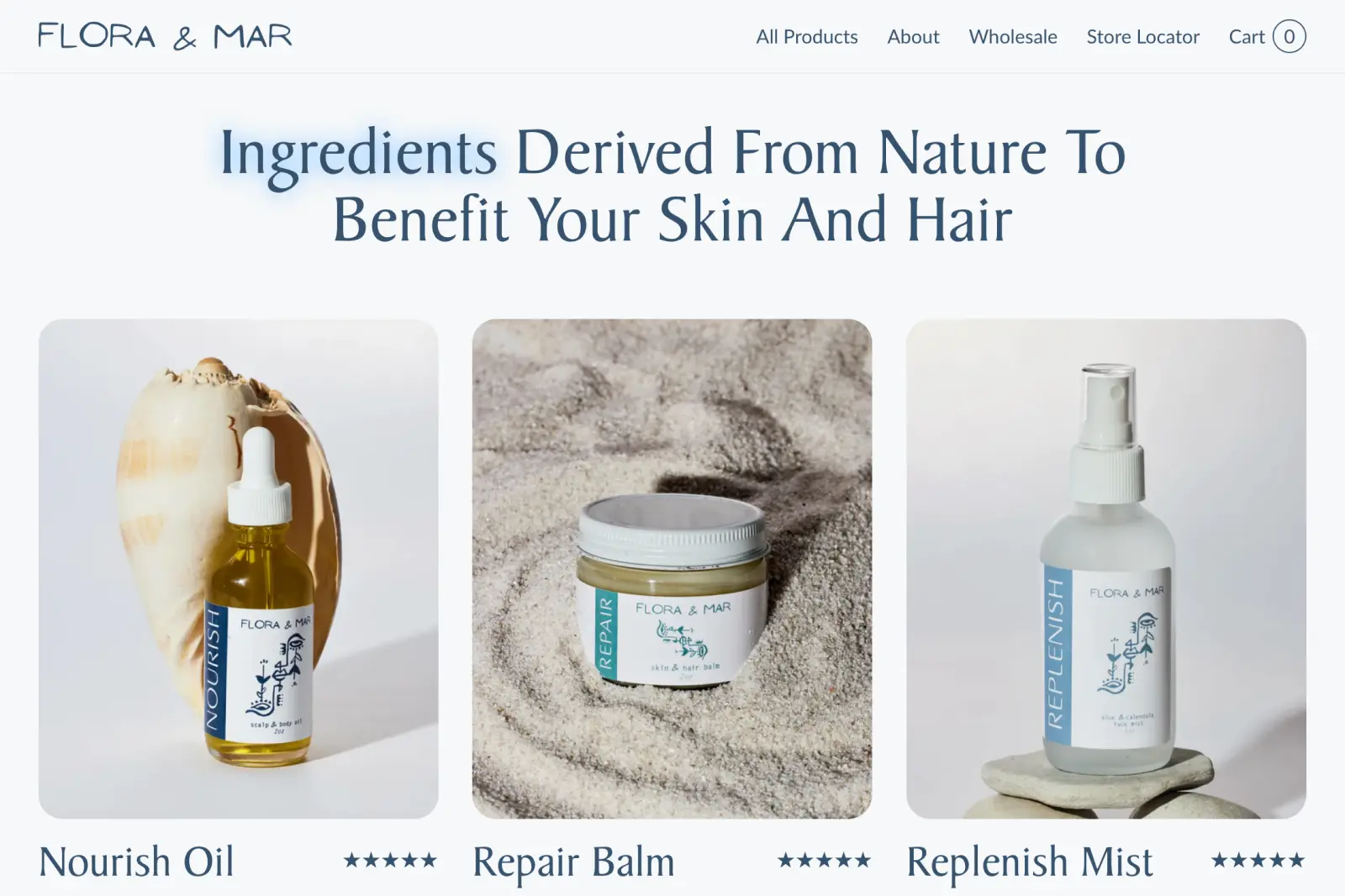 Flora & Mar product lineup showing Nourish Oil, Repair Balm, and Replenish Mist