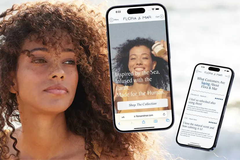 Woman by the ocean with iPhones showing Flora & Mar homepage and reviews