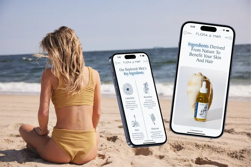 Woman on beach with iPhones displaying ingredients and product pages