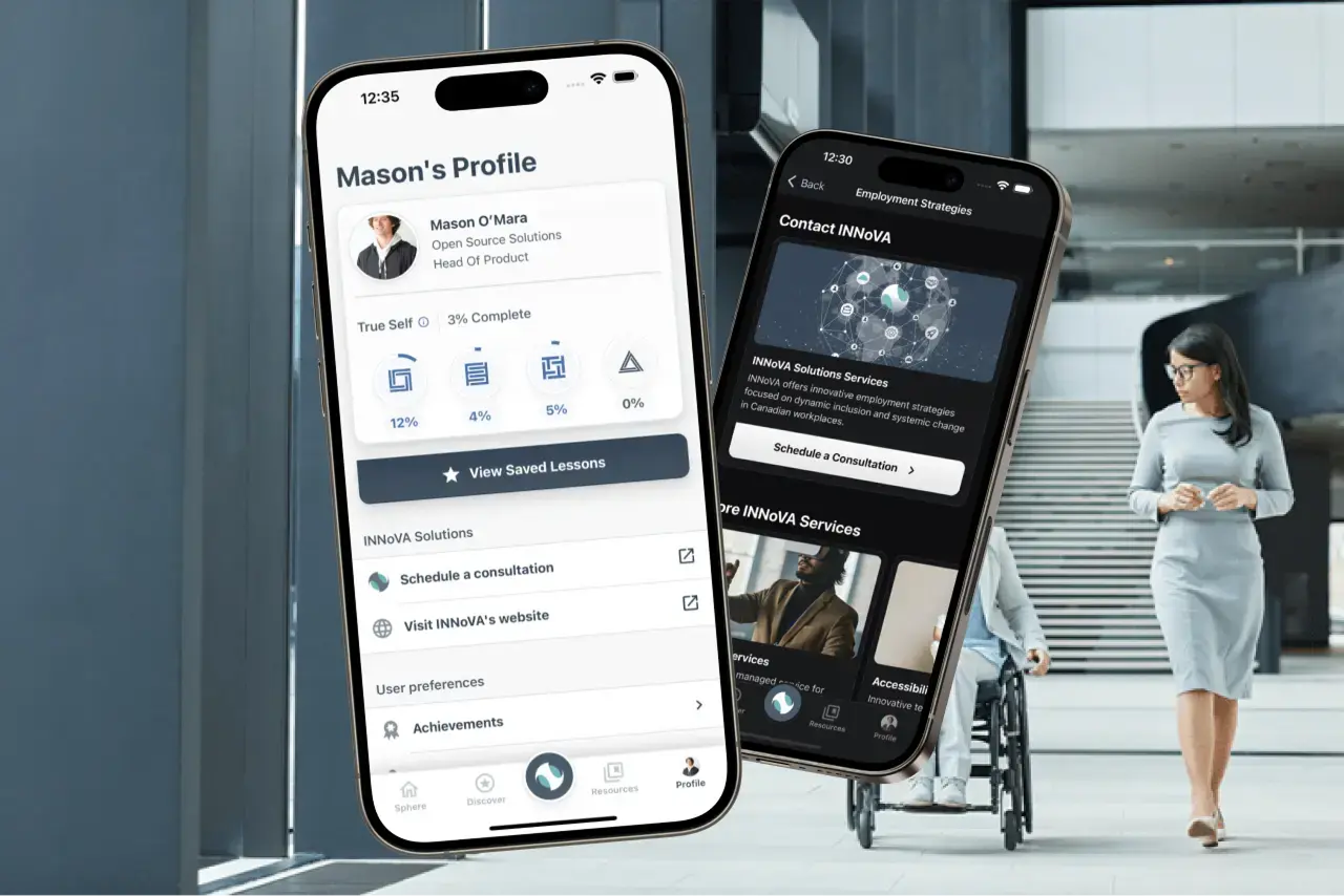 Marketing mockup showing app screens with workplace background