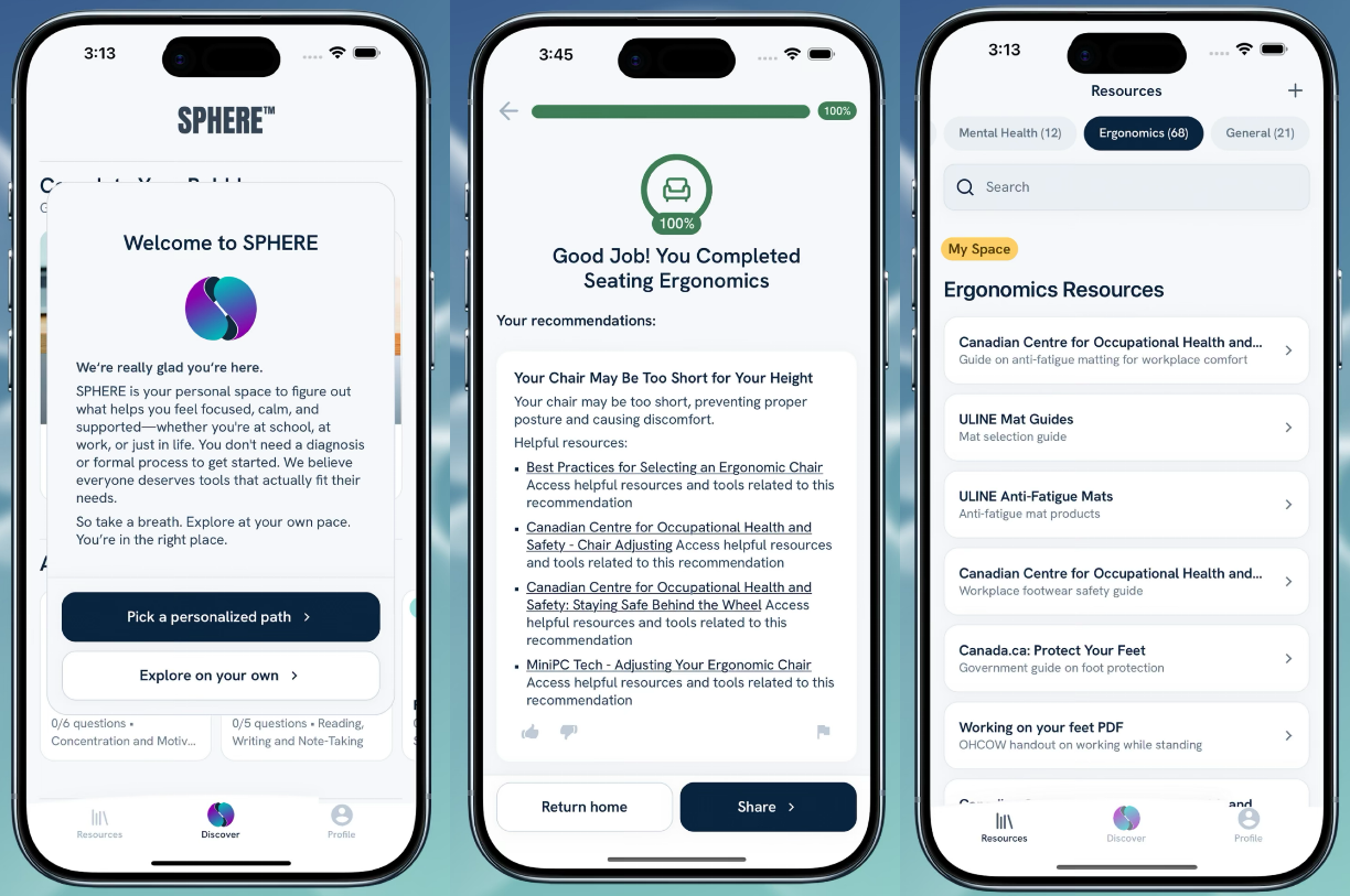 App screenshots showing welcome, recommendations, and resources screens