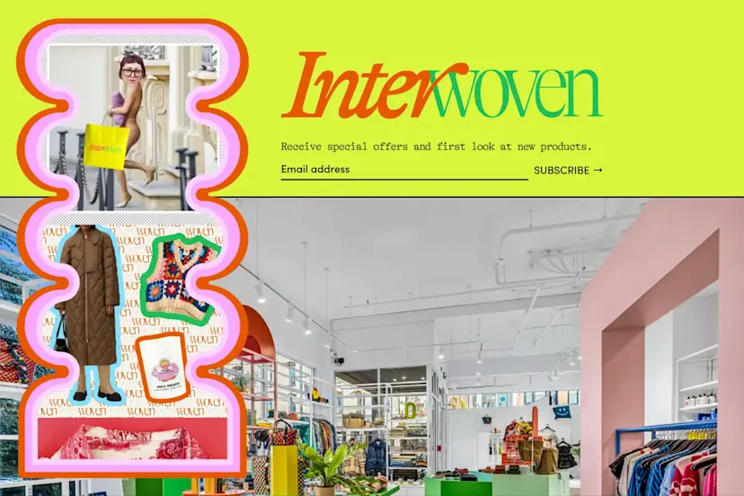 Email signup on lime green background with wavy product frames and store interior photo