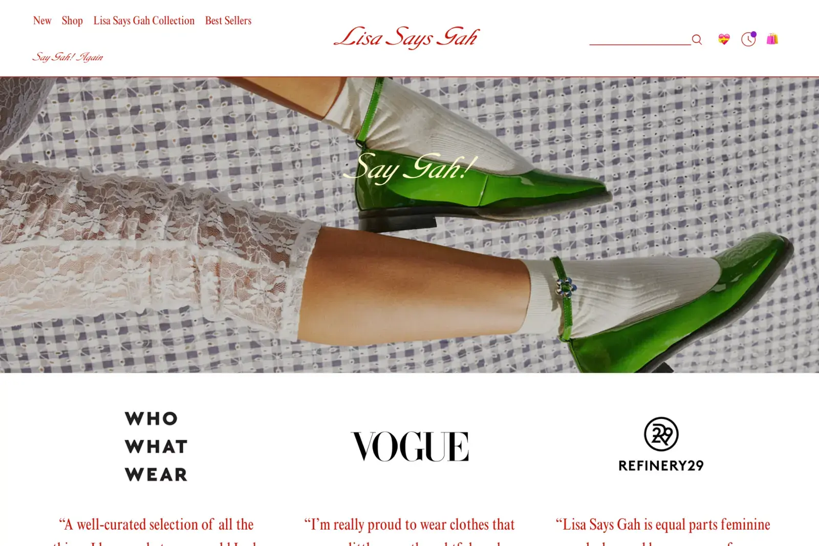 Homepage with hero image and press logos from Vogue and Refinery29