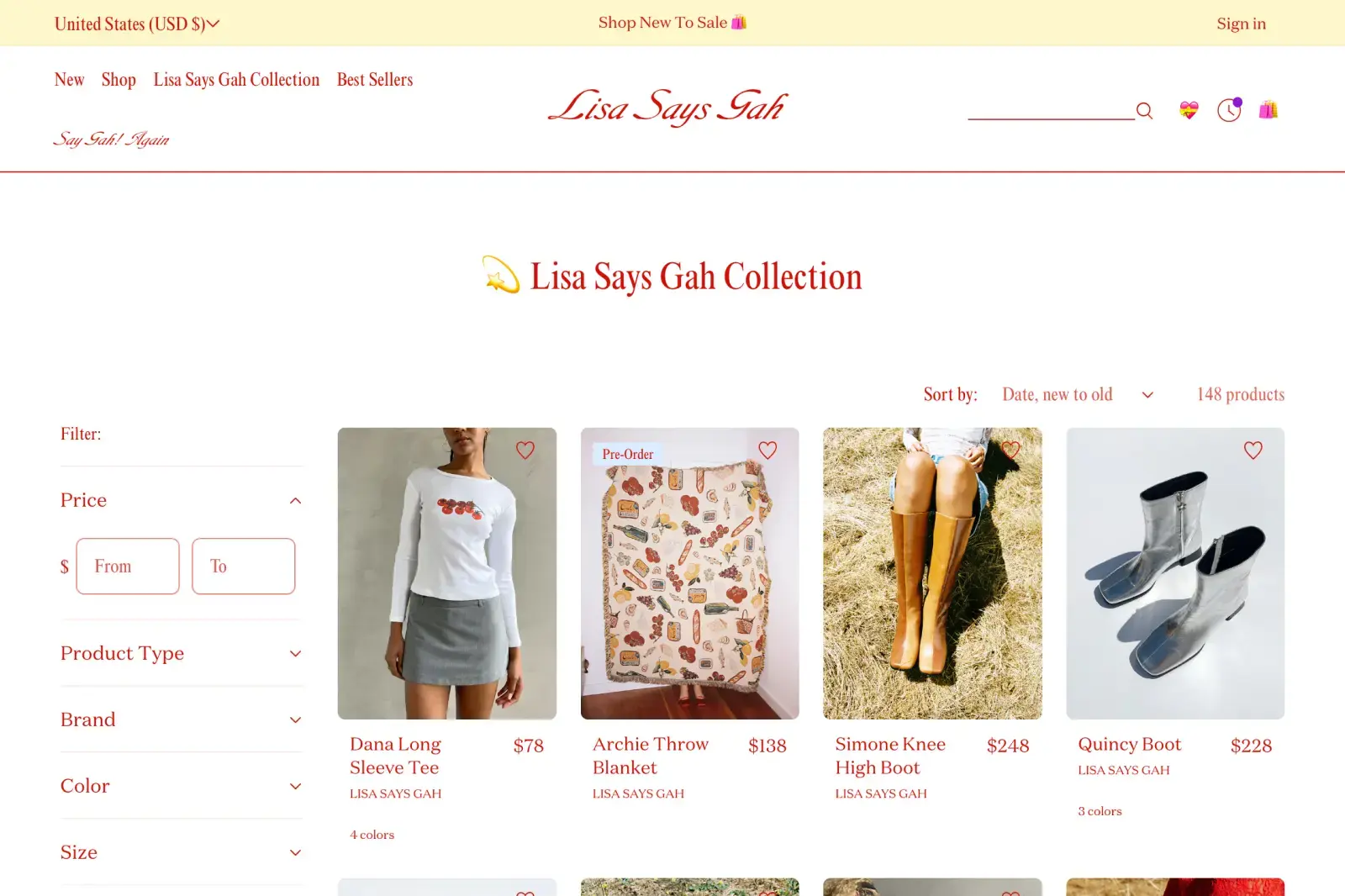 Collection page with side filter panel for price, type, brand, color, and size