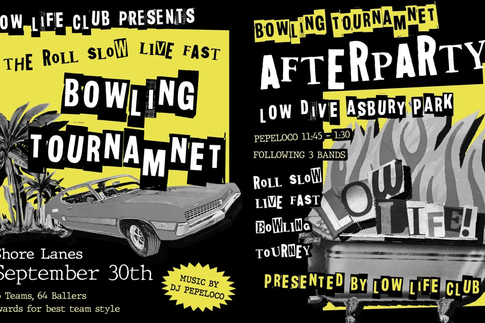 Punk-style event flyers for bowling tournament and afterparty