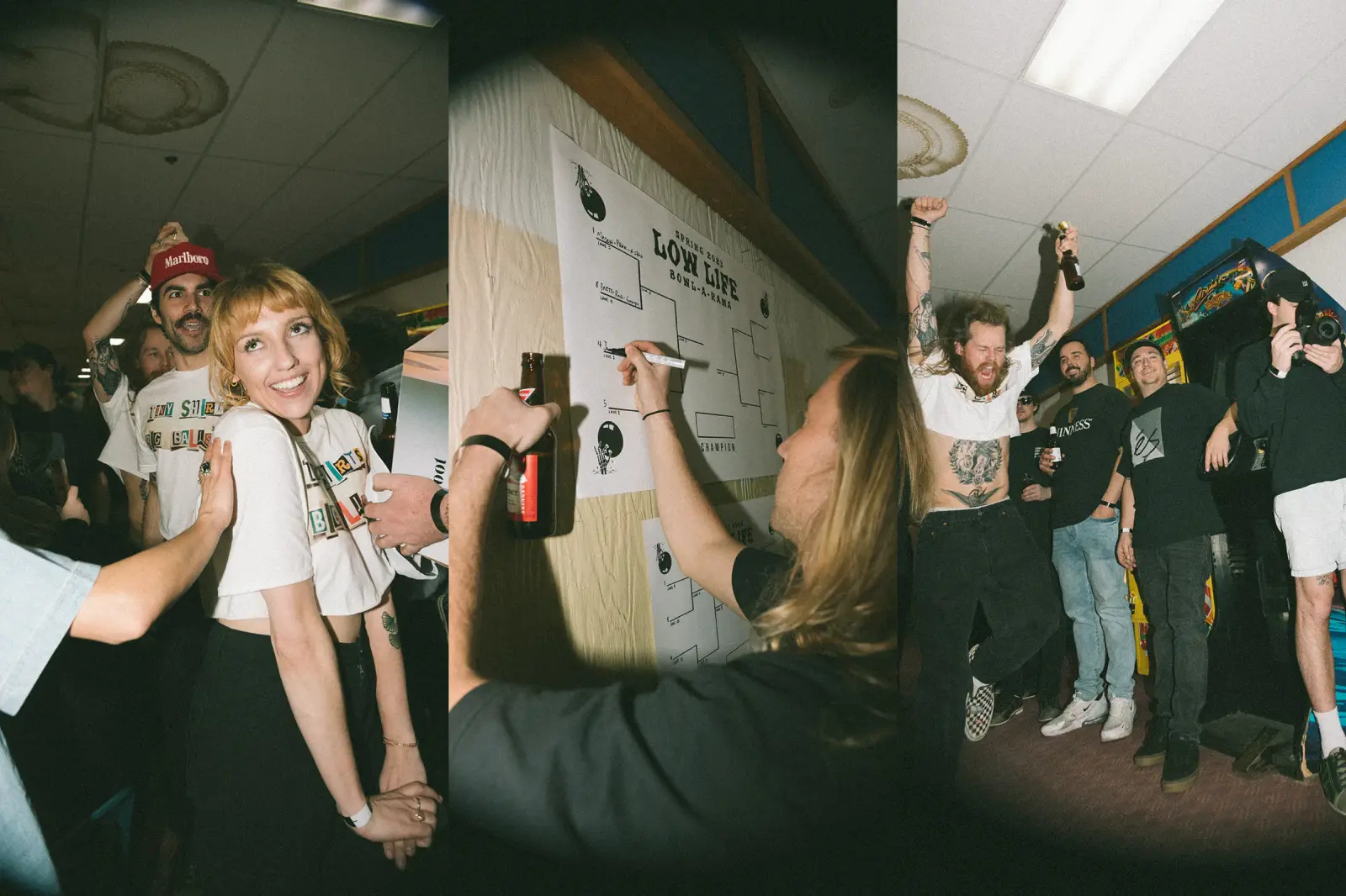 Tournament scenes: attendee posing, bracket being filled, crowd celebrating