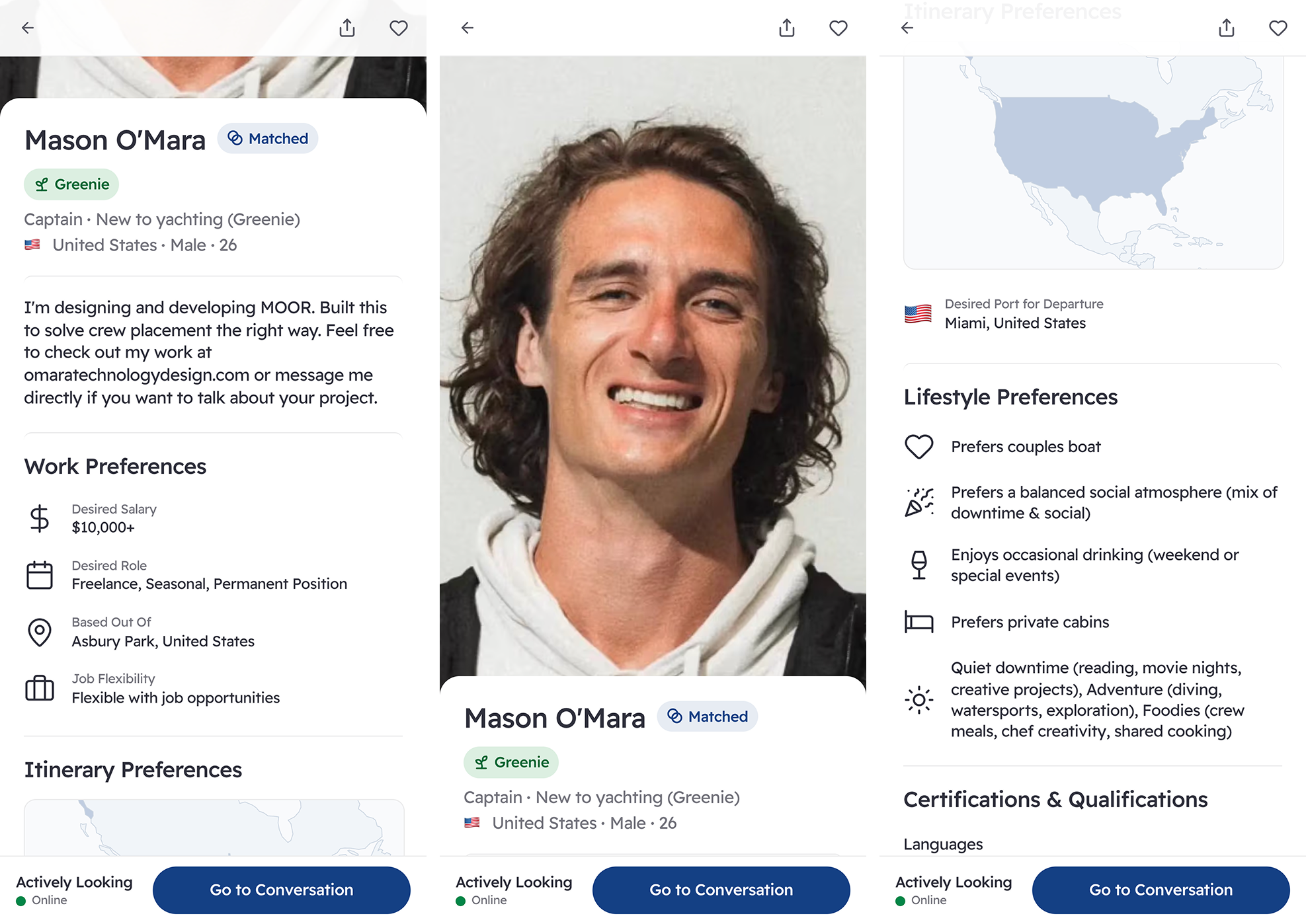 Crew profile (complete) — photo, badges, certifications, bio, map