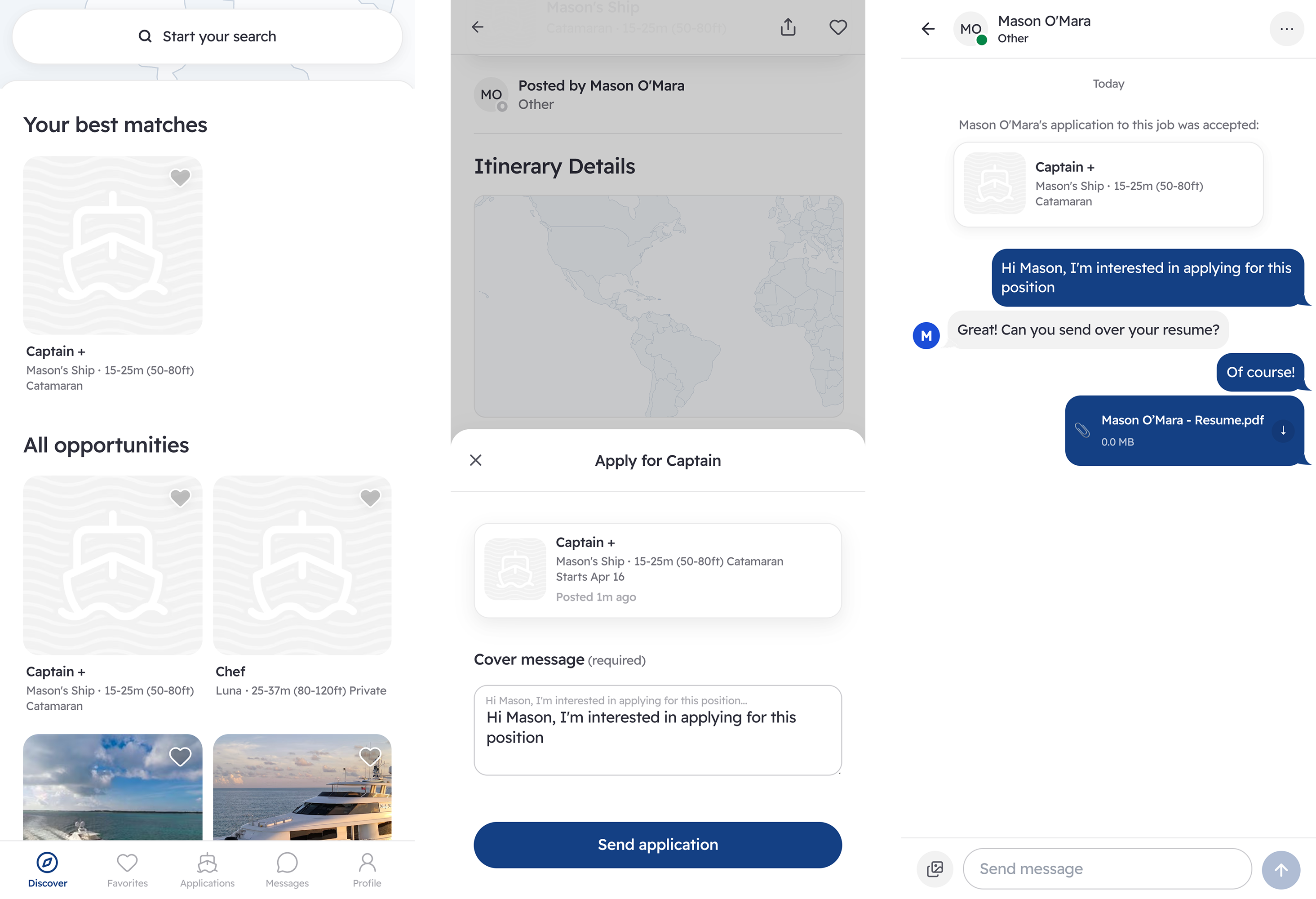 Crew applying to job — application modal with cover message