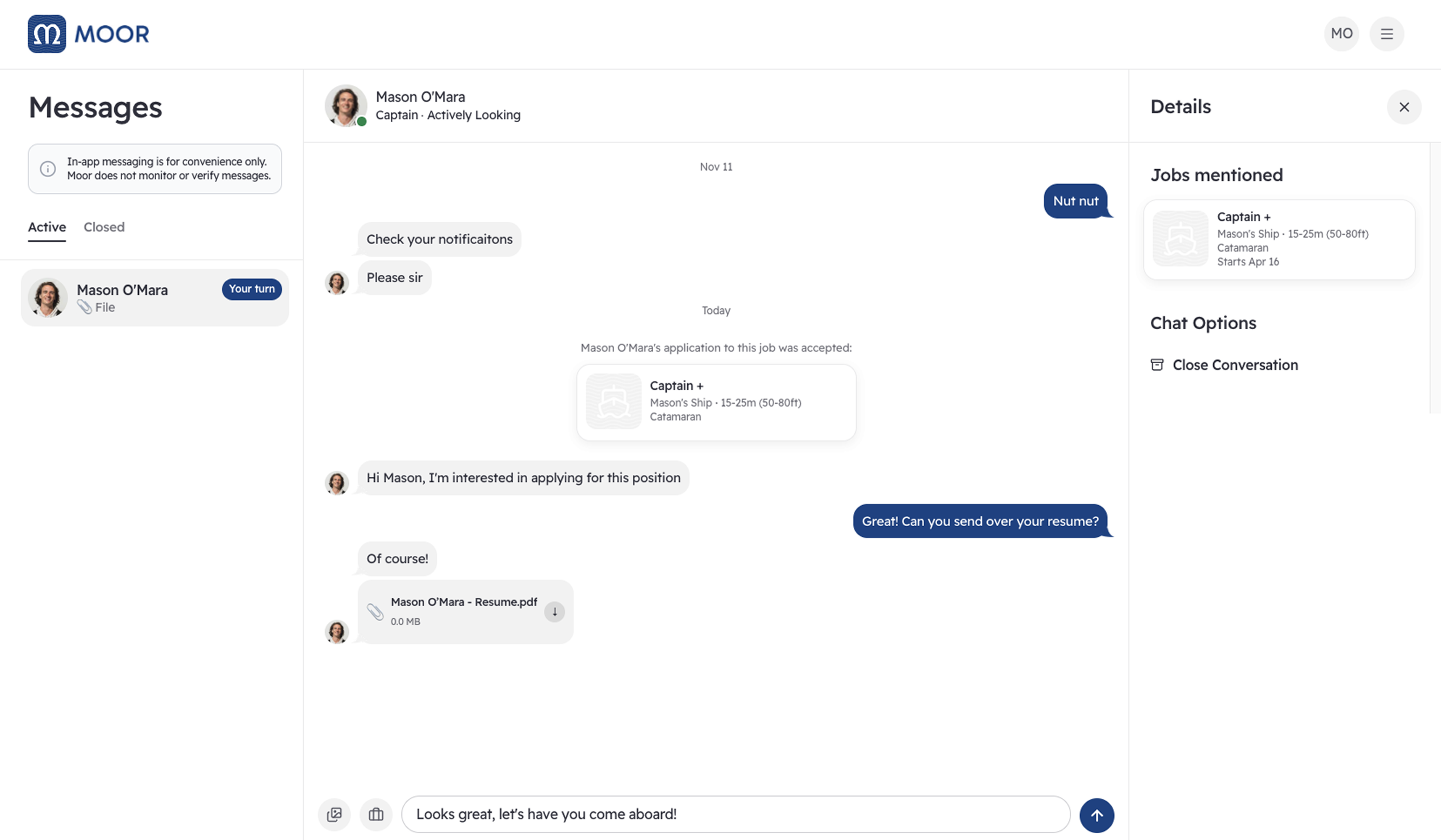 Chat with job card — shared job post highlighted