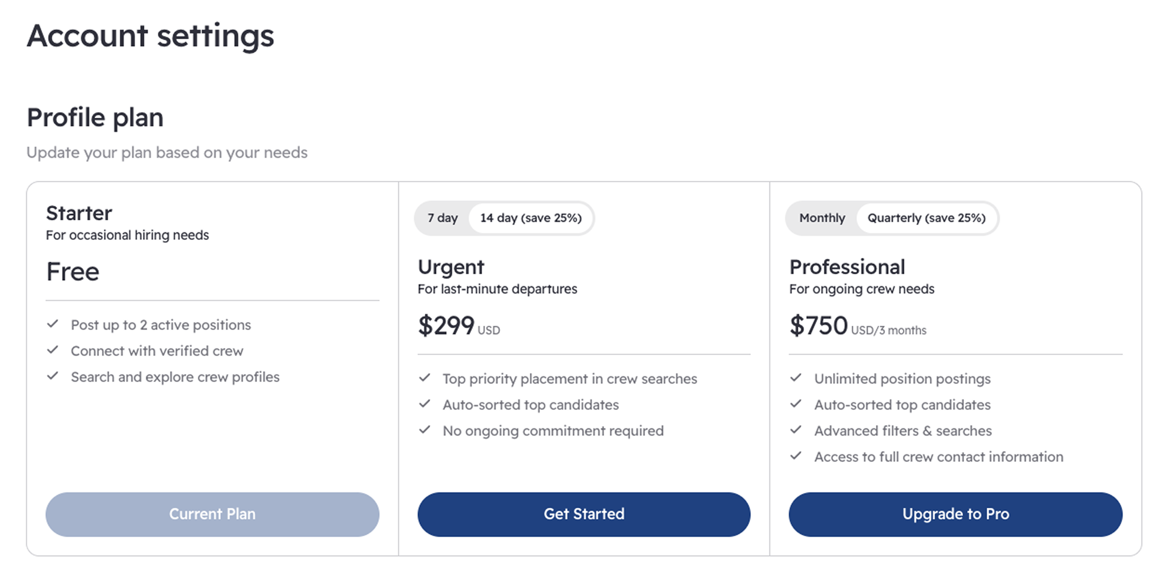 Pricing page (employer) — Starter, Urgent Hiring, Professional tiers