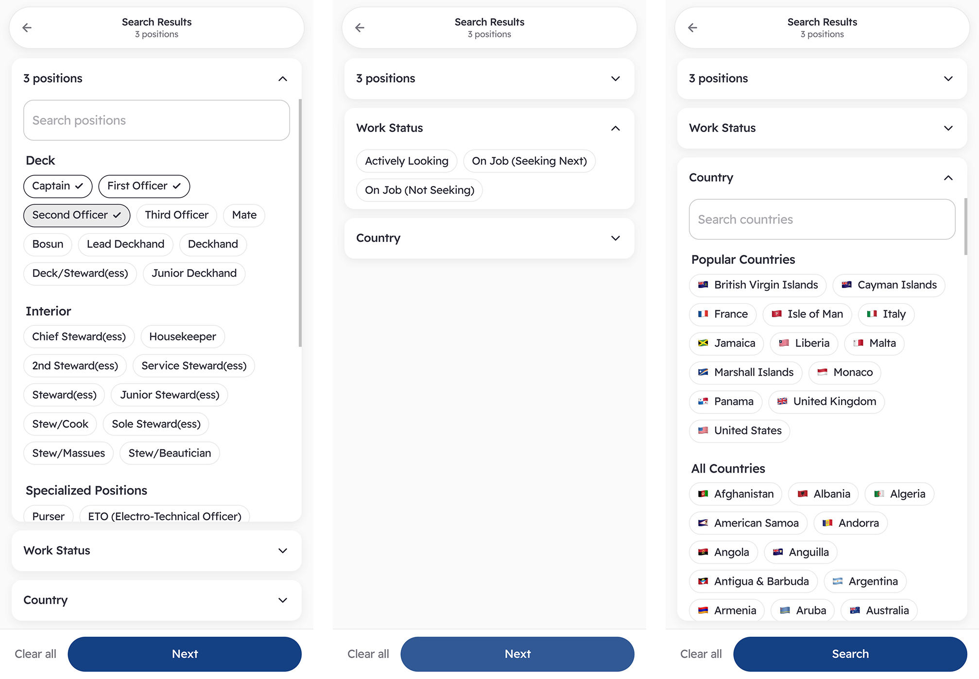 Search modal (mobile) — guided search with position/location/date