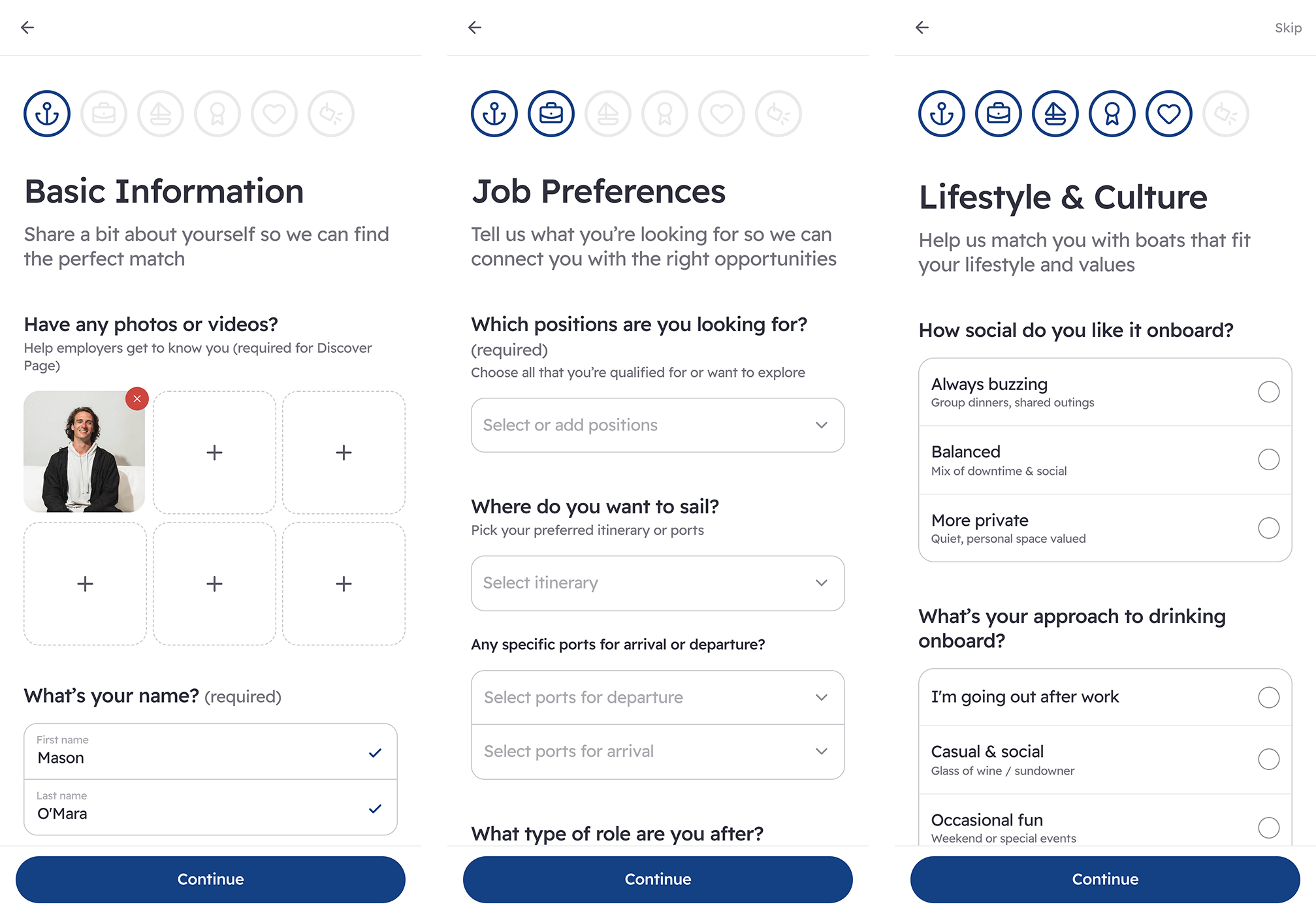 Onboarding step (crew) — minimal required fields