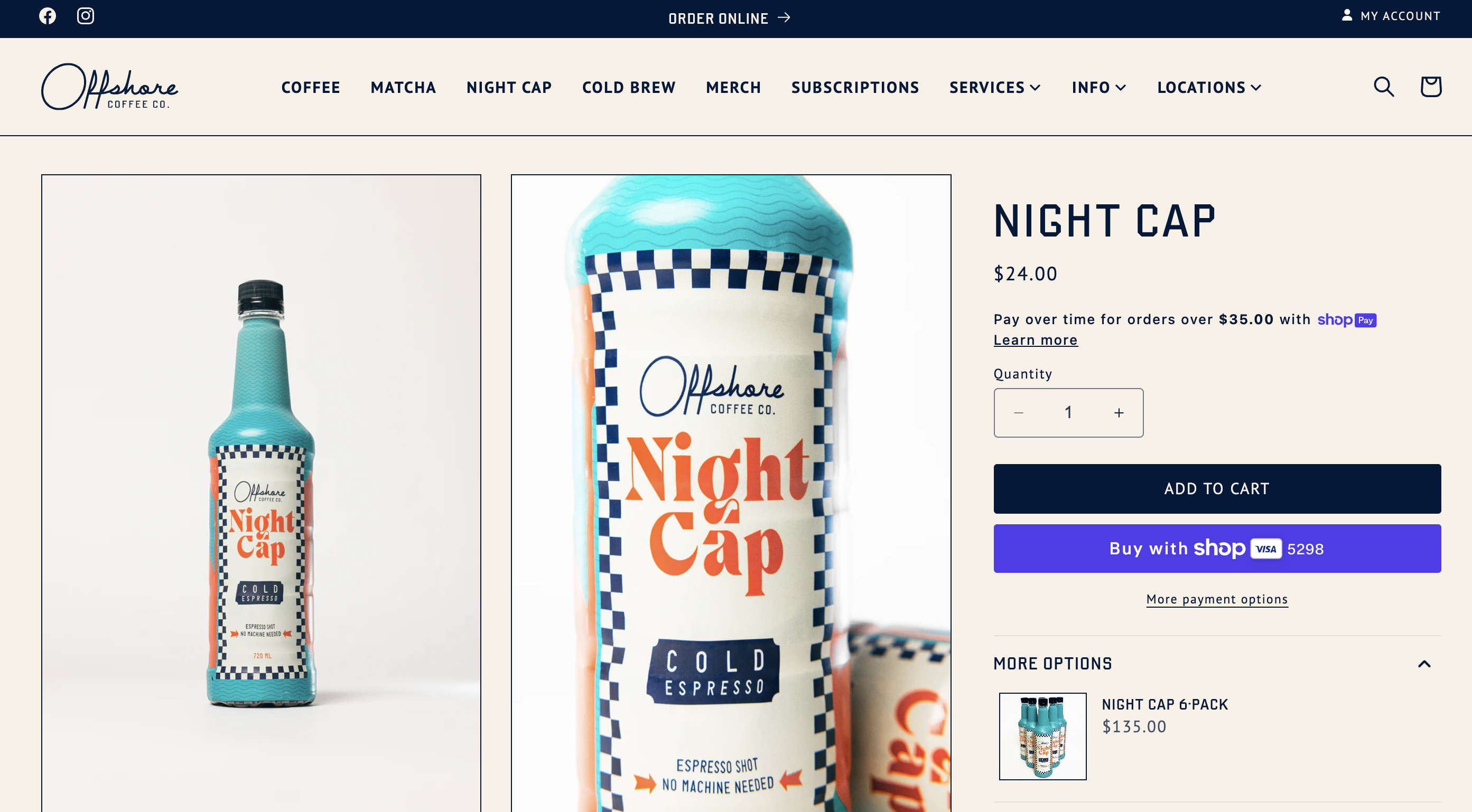 Night Cap cold espresso product page with pricing and options