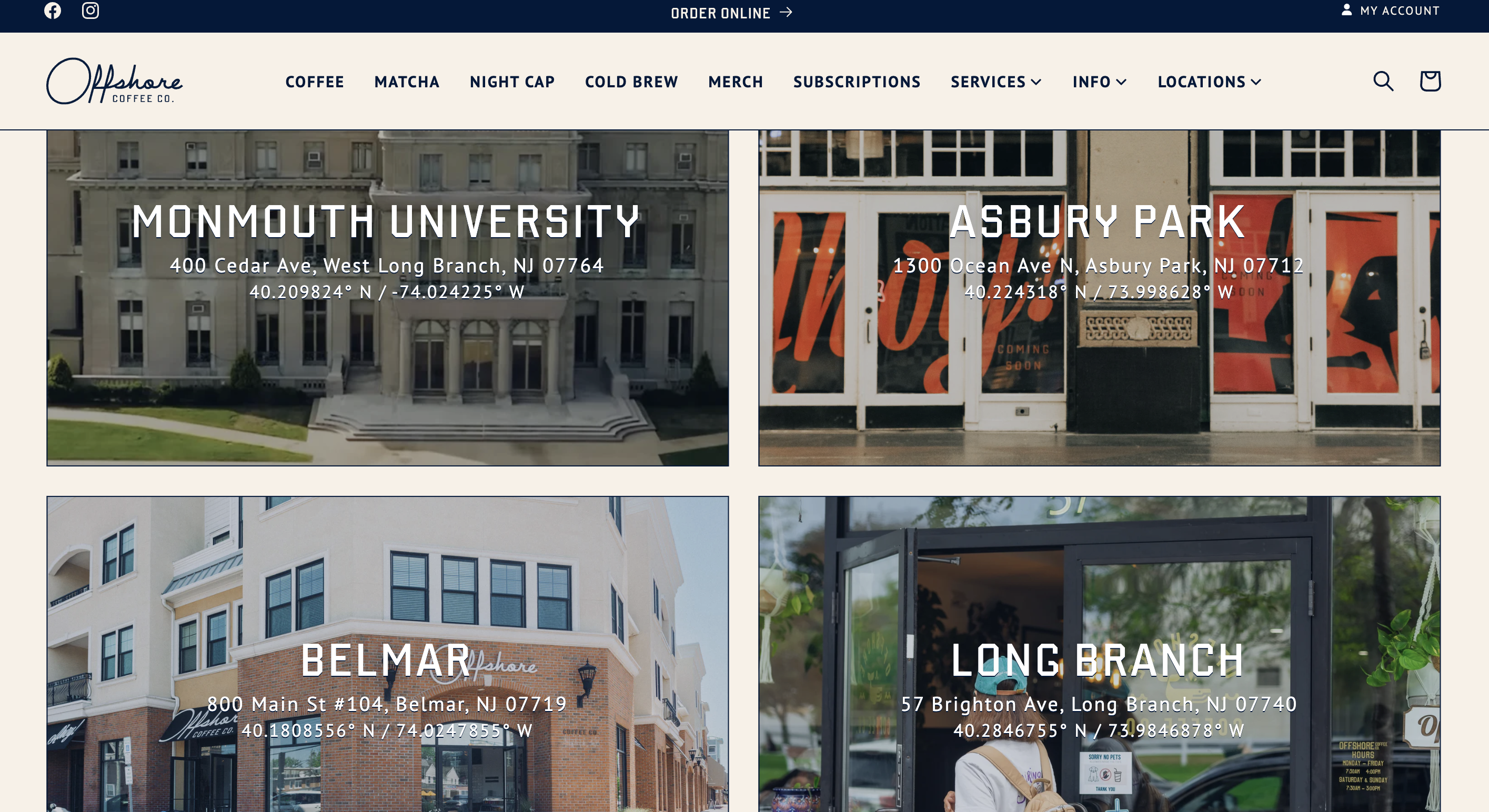 Locations page showing four Jersey Shore cafe storefronts