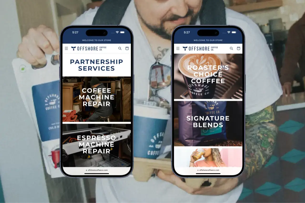 Two phones showing Offshore Coffee website pages for services and products