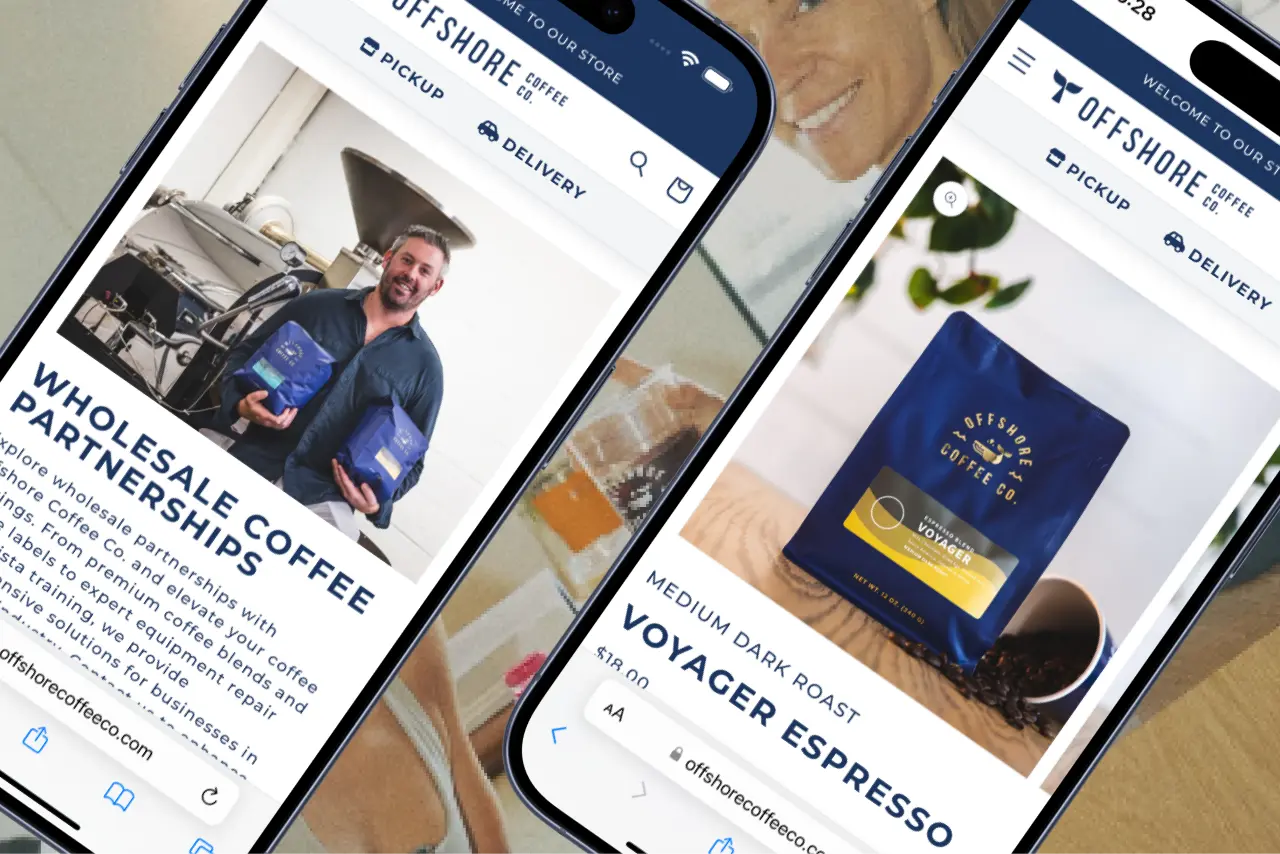 Two phones showing wholesale partnerships and Voyager product pages