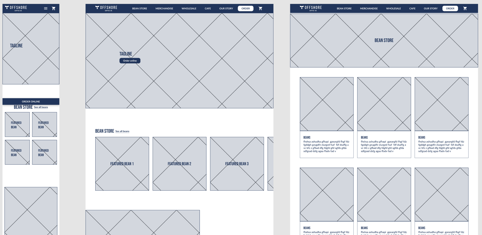 Wireframes showing mobile, desktop homepage, and bean store layouts