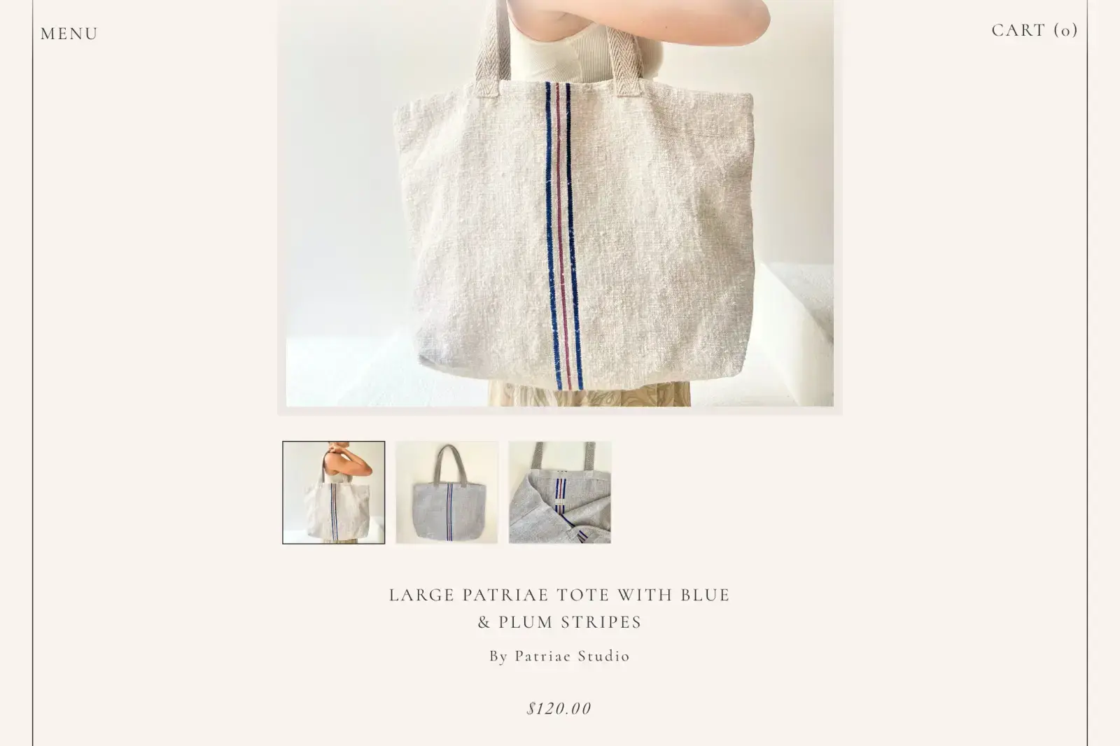 Product detail page for handwoven tote bag with blue and plum stripes