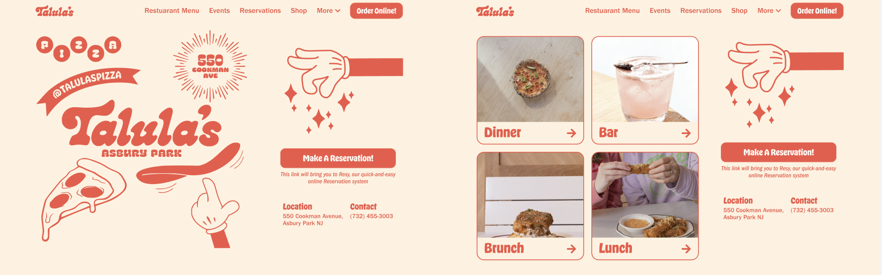 Homepage design with brand graphics, menu links, and reservation button