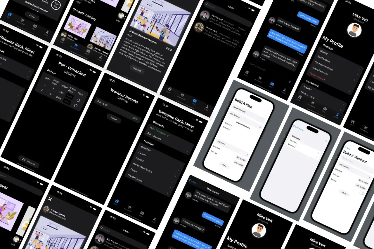 Mobile app screens showing workout tracking, messaging, and profile features